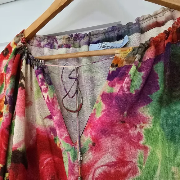 Blumarine Italy Silk Knit Half Sleeve Vibrant Rose Floral Peasant Blouse - Picture 4 of 12